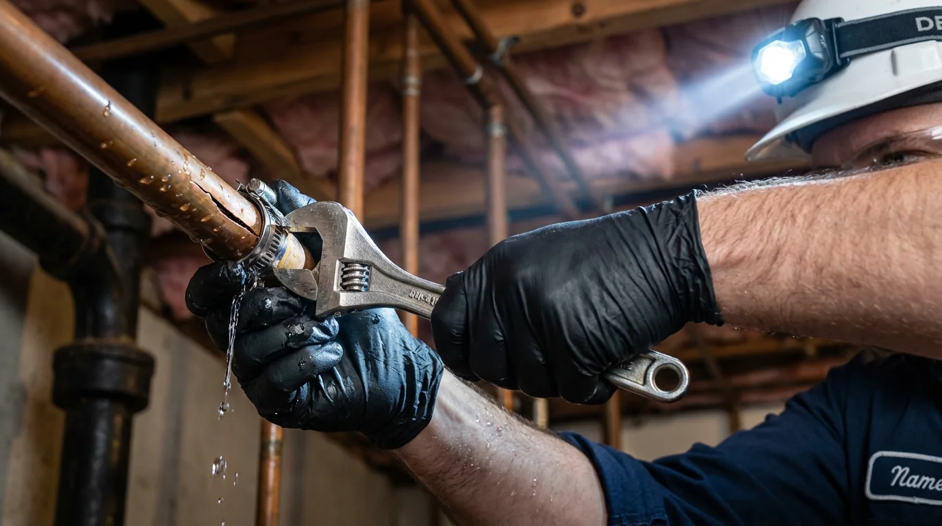 Emergency pipe clamp repair being performed by a Johns Plumbing LLC plumber in Lady Lake