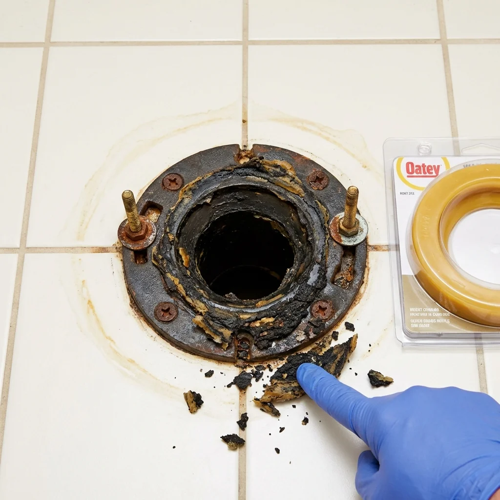 Failed wax ring showing water seepage at the base of a toilet in a Lady Lake, FL home