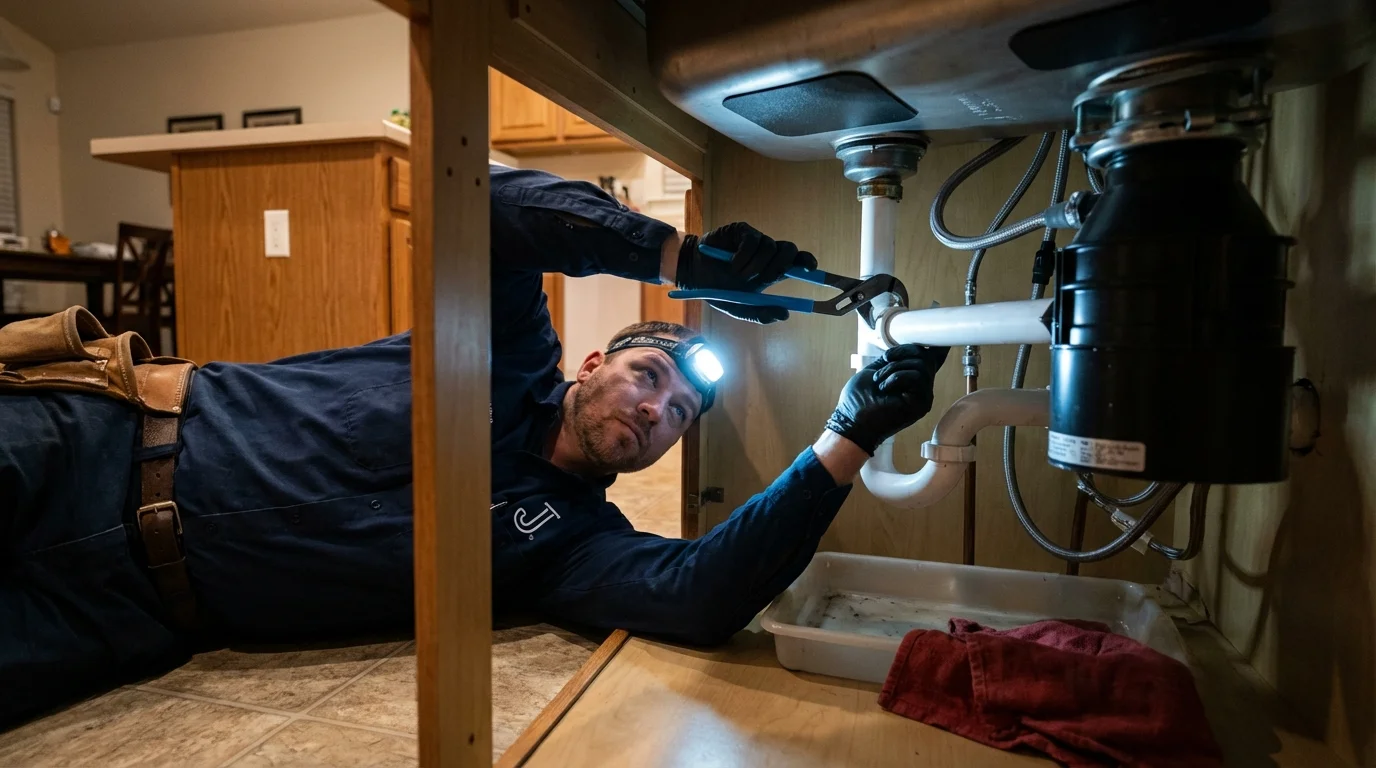 P-trap and supply line connections under a kitchen sink showing a common leak point in Lady Lake, FL